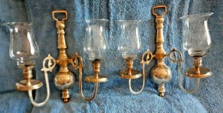 Set Of 2 Vintage Solid Brass Double Arm Candle Holders Wall Sconces W/globes