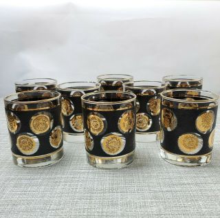 Set Of 8 Vintage Libby Mid Century Black Gold Coin Lowball Old Fashioned Glasses