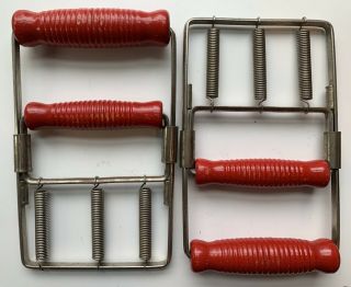 Vintage Pair Antique Fitness Wood Handle Grip Steel Spring Strength Exercise