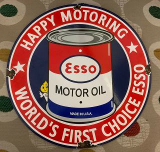 Vintage Esso Happy Motor Porcelain Sign Gas Oil Service Station Can Pump Plate