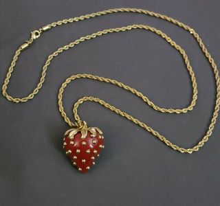 Vintage Kenneth J Lane Kjl For Avon Strawberry Necklace Pendant - 34” Rope Chain