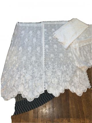 Four Vintage Lace Semi - Sheer Floral Roses Curtain Panels White (56 " W X 60 " L)