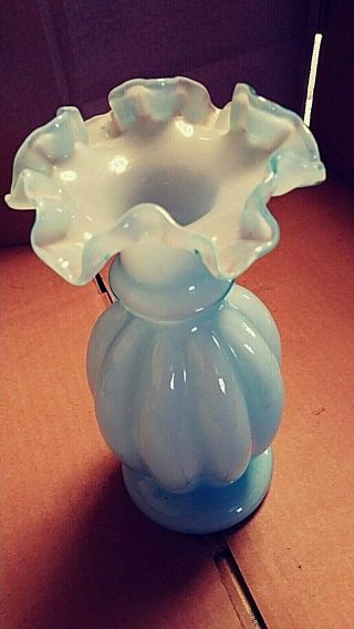 Vintage Fenton Art Glass Light Blue Overlay Melon Ball Ruffled Top 8 " T Vase