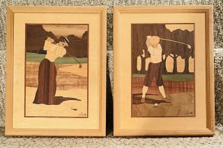 Vintage Hudson River Inlay Marquetry Wood Golfers Pictures Signed Jeff Nelson