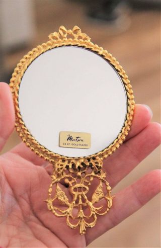 Matson Vintage Handheld Purse Mirror Double Sided Ornate 24 Kt Gold Plated