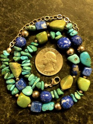 Vintage Sterling Silver Beads Green & Blue Turquoise & Lapis Lazuli Necklace 925