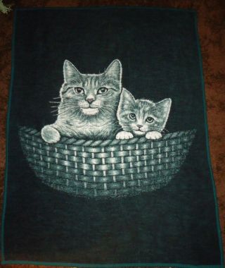 Vintage Biederlack Reversible Cat Kittens In Basket 58 X 76 Blanket Hunter Green
