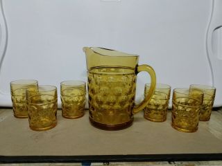 Vintage Hazel Atlas Continental Can Company Amber Glass Pitcher And Glasses