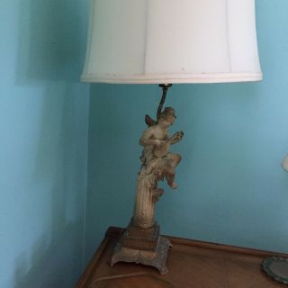 Rare Vintage Mcm Frosted Painted Cast Metal Angel Cherub Lamp With Lyre