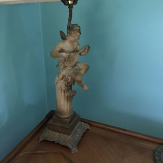 Rare Vintage MCM Frosted Painted Cast Metal Angel Cherub Lamp With Lyre 2