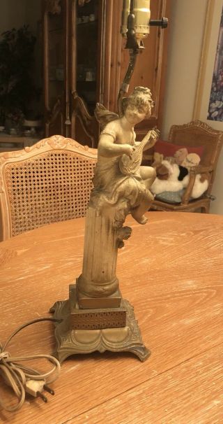 Rare Vintage MCM Frosted Painted Cast Metal Angel Cherub Lamp With Lyre 3