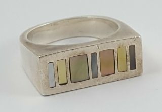 Vintage Signed Zia 925 Sterling Silver Stone Inlay Statement Ring Size 8