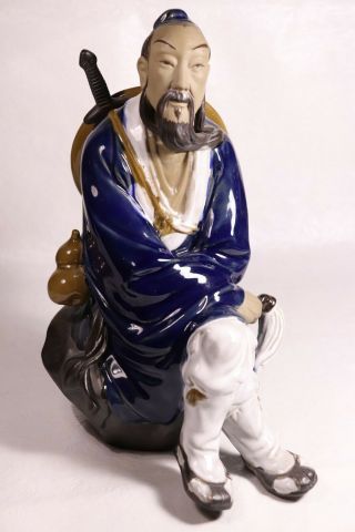 9.  75 " Vintage Seated Chinese Shiwan Mudman Figurine W/ Fuchen Sword & Hat 17