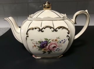 Vintage Sadler Teapot England Pink With Gold Trim,  Floral,  Cube