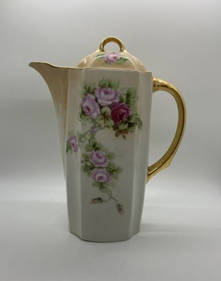 Vintage 10 " Porcelain German Chocolate Pot Pink Roses Gold Gilt Marked Germany