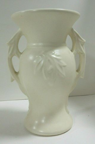 Vintage Mccoy Pottery Tall Two Handle Vase With Leaves (white) Size: 9.  25 " Tall