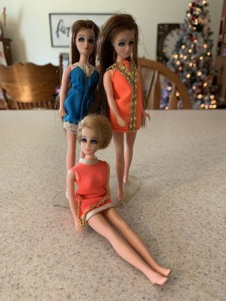 Three Vintage Dawn Dolls By Topper,  70s,  1 Shoes,  1 Spare Shoe,  2 Stands