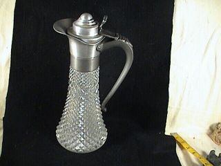 Vintage Crystal Glass With Pewter Lid And Handle Claret Wine Decanter