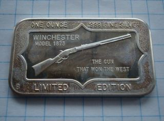 . 999 Fine Silver Bar Winchester Model 1873 Rifle 1 Troy Oz.  Coin Round Vintage