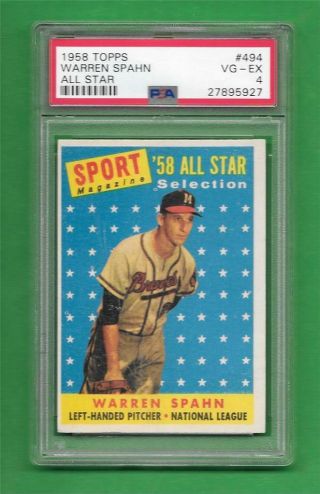1958 Topps 494 Warren Spahn All Star Psa Vg - Ex 4 Vintage Old Baseball Card
