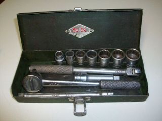 Vintage Sk Tools 3/8 " Drive 11 Pc.  Socket Set 3/8 " - 3/4 " With Steel Case