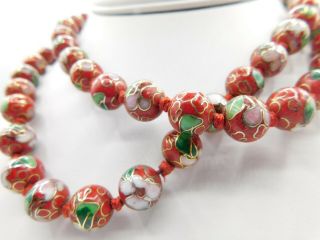 Cloisonne Necklace Dark Red Pink Green Flower Beads Hand Knotted Vintage 30 "
