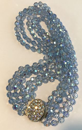 Vintage Blue Aurora Borealis Crystal 5 Strand Beaded Rhinestone Clasp Necklace