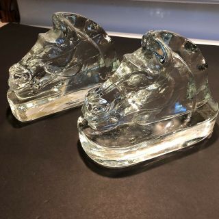 Pair Vintage Glass Crystal Horse Head Bust Bookends Mid Century Modern
