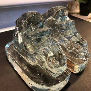 Pair Vintage Glass Crystal Horse Head Bust Bookends Mid Century Modern 2