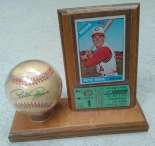 Pete Rose Signed Autographed Baseball W/ 1966 Baseball Card & Ticket Psa Check