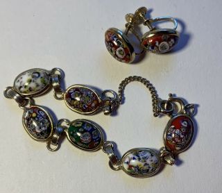 Vintage Venetian Millefiori Murano Glass Bracelet And Screw On Earrings