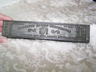 Vintage Federated Metals Corp 2 Lb.  14 Oz.  Nickel Bullion Bar,  8.  5 "