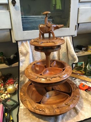Vintage 3 Tier Carved Teakwood Lazy Susan Serving Tray.  Spins Around.  24” Tall.