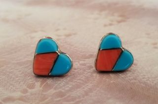 Vintage Turquoise And Coral Heart Shaped Earrings