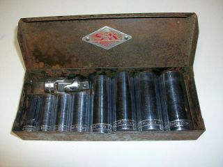 Vintage Sk Tools 3/8 " Drive 9 Pc.  Socket Set With Steel Case 3/8 " - 13/16 "