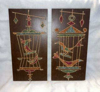 Vintage 1960s Mosaic Pebble Art Wall Decor Hanging Song Birds In Cage (2) Pair