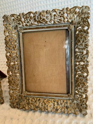 Pair Vintage Ornate Gold Tone White Filigree Picture Photo Frames Convex Glass