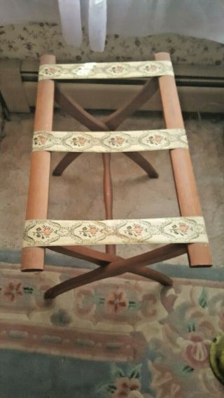 Vintage Luggage Stand/suitcase Rack " Scheibe " Folding Wood With Tapestry Straps