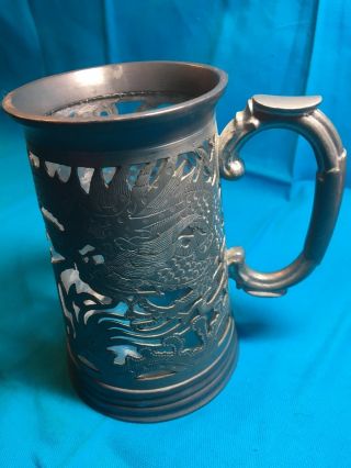 Vintage Wahlee Cutout Pewter Chinese Dragon Clear Glass Lined Tankard Beer Stein