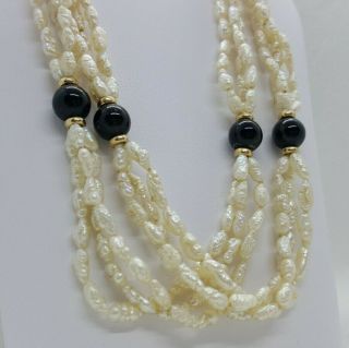 Vintage 14k Yellow Gold Freshwater Rice Pearl & Onyx 32 " Long Necklace Estate