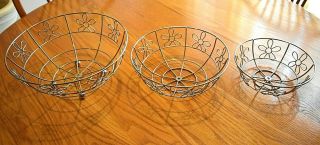 Sculpted Daisy Style Vintage Silver Metal Stackable Basket Set Of Three