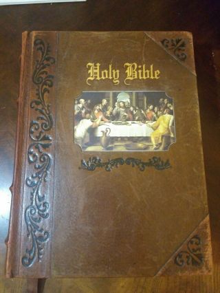 Large Leather Family Bible Gold Gilt Edges Full Color Paintings Family History