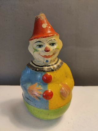 Vtg Old Antique French Paper Mache Clown Musical Toy Display Decor Rocking 21cm