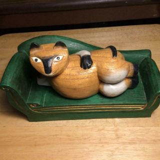 Vintage Hand Carved Lazy Cat On Couch Solid Wood 5 1/2 " X 4 " X 9 "