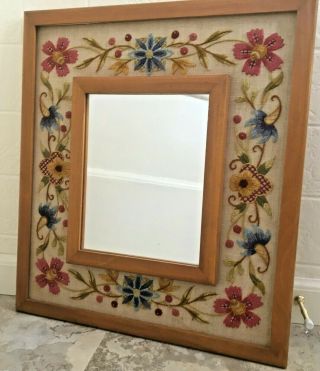 Vintage Framed Hand Crewel Embroidery Floral Picture W/ Mirror 18x20 " Mcm