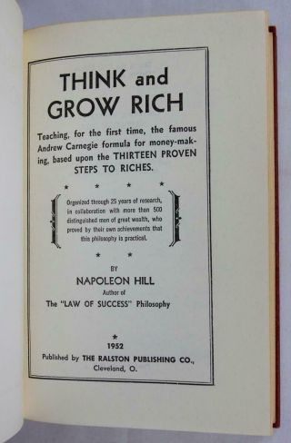 Napoleon Hill THINK AND GROW RICH 1952 RARE how success wealth riches Carnegie 3