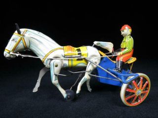 Vintage Ko Japan Tin Wind Up Race Horse And Jockey