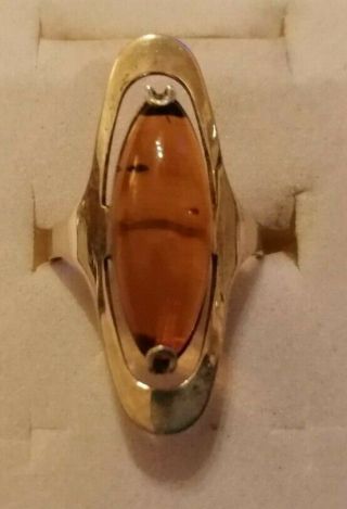 Vintage Navette Shaped Sterling Silver And Amber Ring Size Q/r