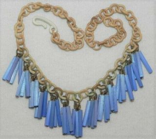 Vintage Celluloid Chain 40s Era 15 " Necklace Dangling Blue Tubular Glass Beads