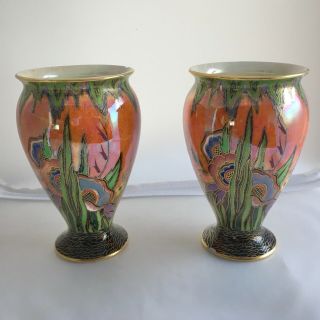 Vintage Art Deco Crown Devon Pottery Enamel Lustre Flowers Vases